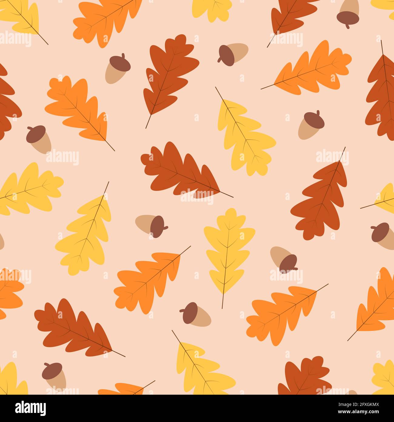 Autumn seamless pattern, yellow and red oak leaves and acorns fall in autumn Stock Photo