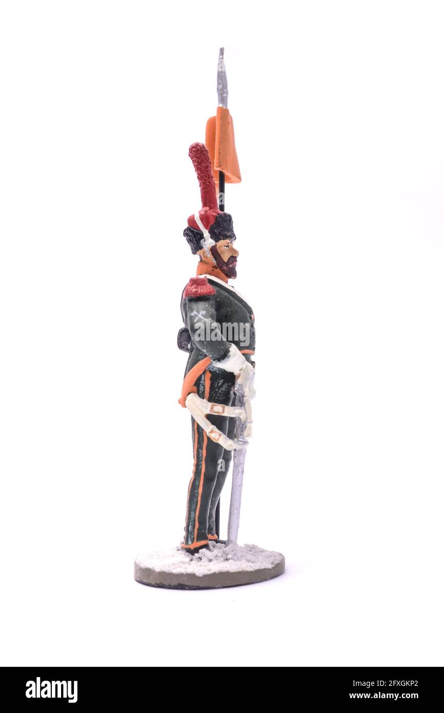 tin soldier Sapper 13th horse Jaeger Regiment, 1808 Isolated on white Stock Photo