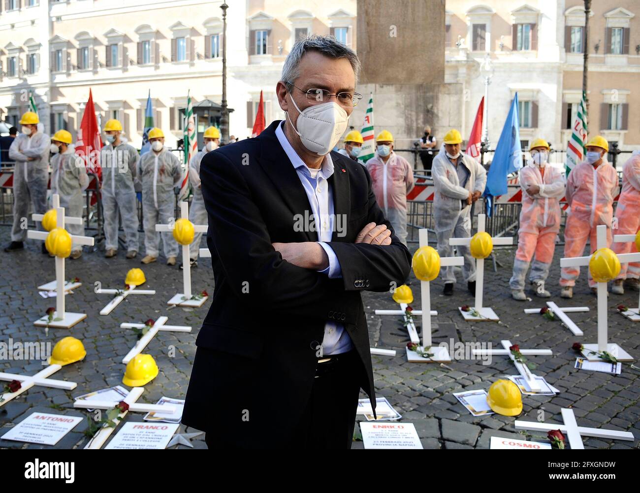 Italy, Rome, may 26, 2021 : Cgil Cisl Uil trade union demonstration against deaths at work, in front of italian Parliament. Pictured Maurizio Landini secretary of the CGIL trade union.   Photo © Fabio Cimaglia/Sintesi/Alamy Live News Stock Photo
