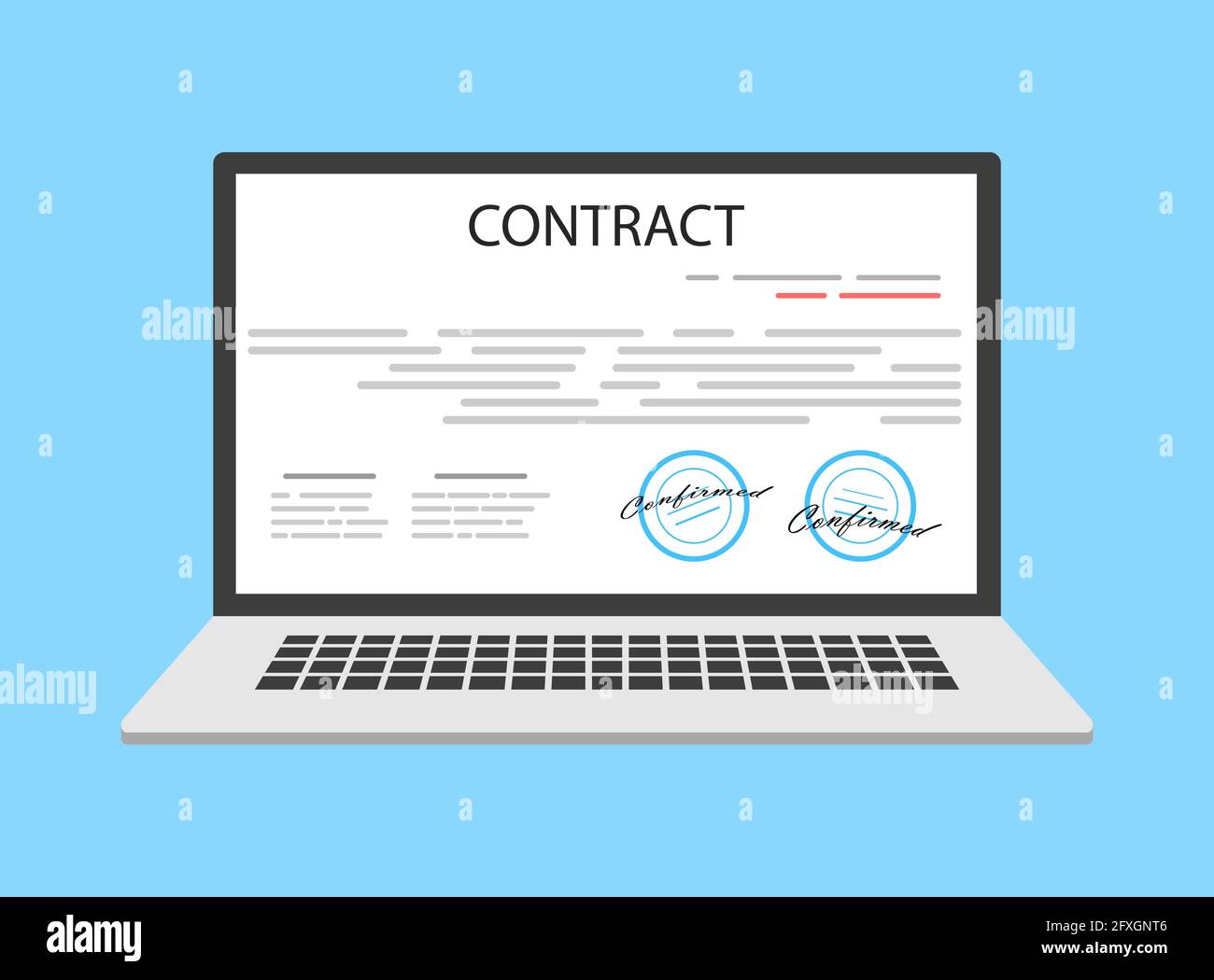 Online electronic smart contract document on laptop, paper document, signature on computer screen Stock Vector