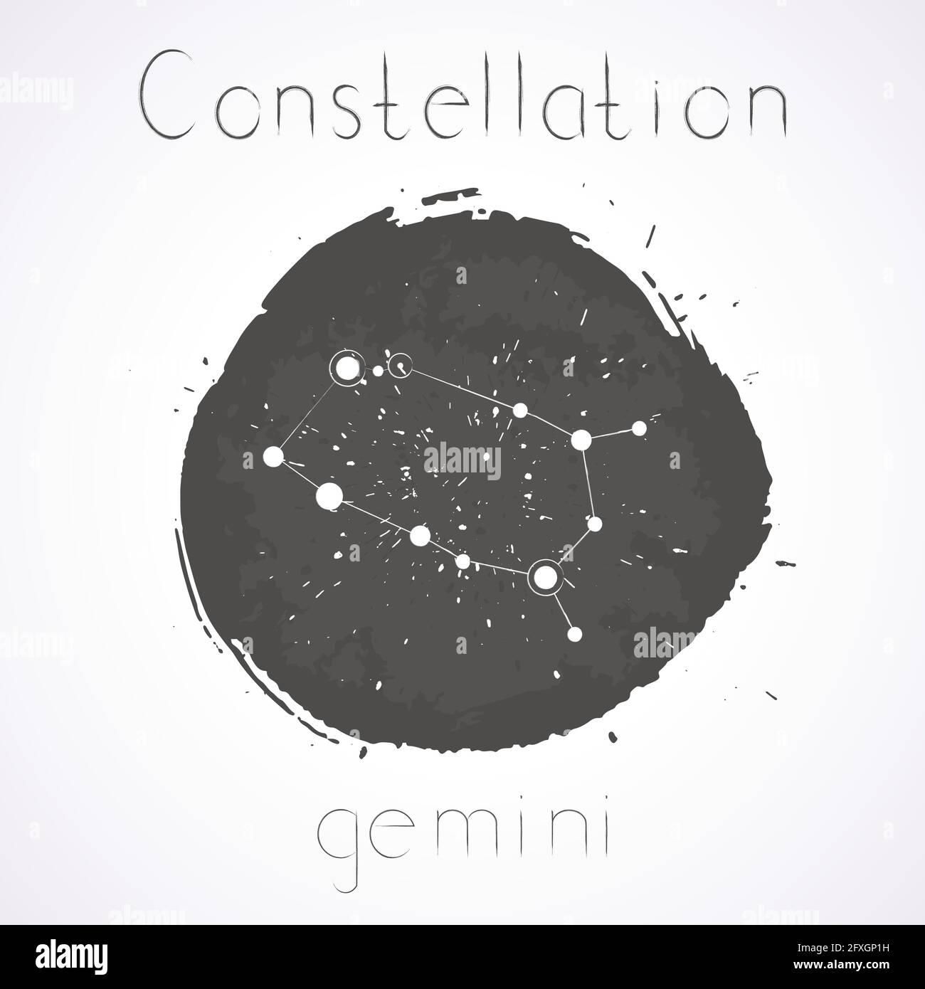 Vector illustration with Zodiac constellation GEMINI on a grunge ink ...