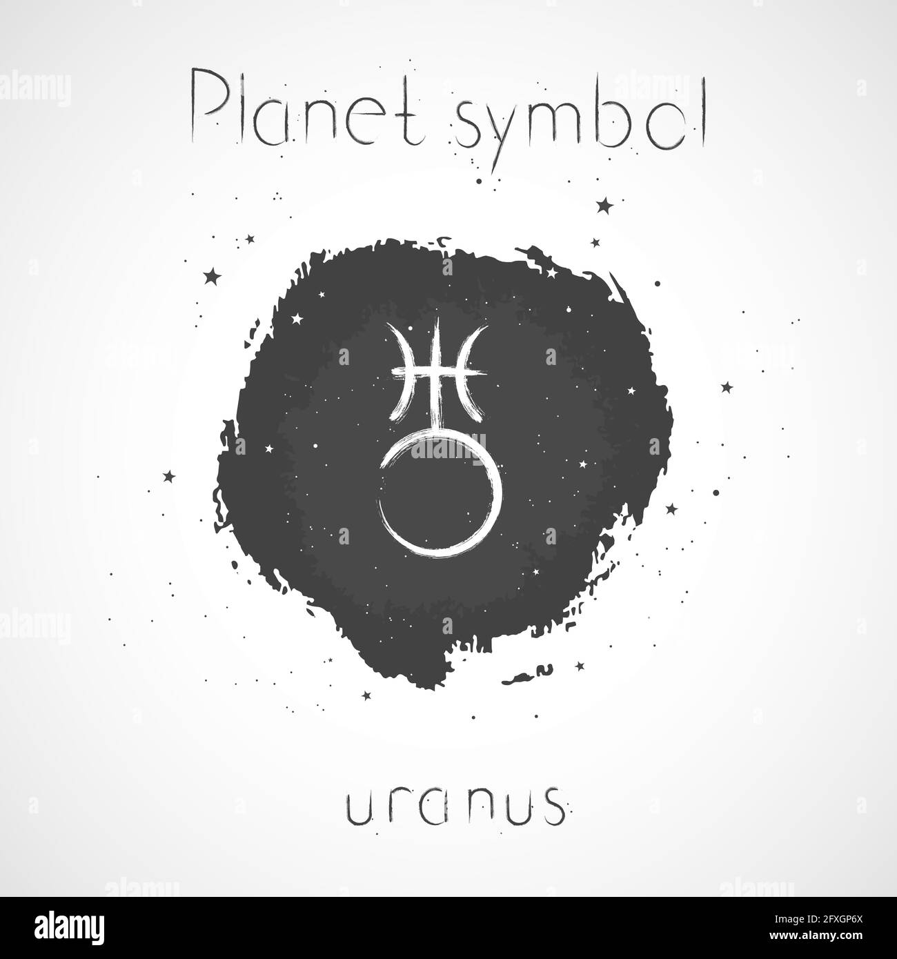 Vector illustration with Hand drawn astrological planet symbol URANUS on a grunge ink background. Monochrome. Stock Vector
