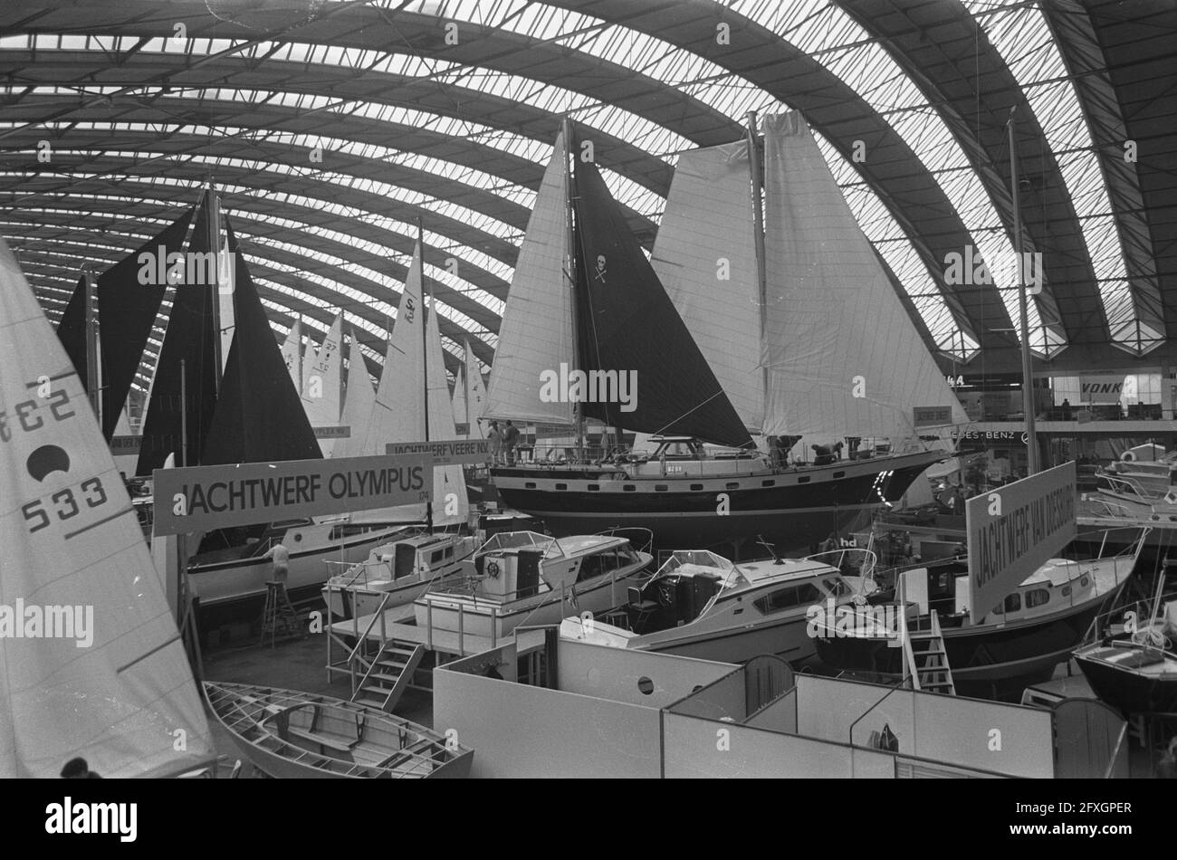 Fifteenth HISWA in RAI Amsterdam. Preparations. The largest sailing ship The Pirate, March 12, 1970, The Netherlands, 20th century press agency photo, news to remember, documentary, historic photography 1945-1990, visual stories, human history of the Twentieth Century, capturing moments in time Stock Photo