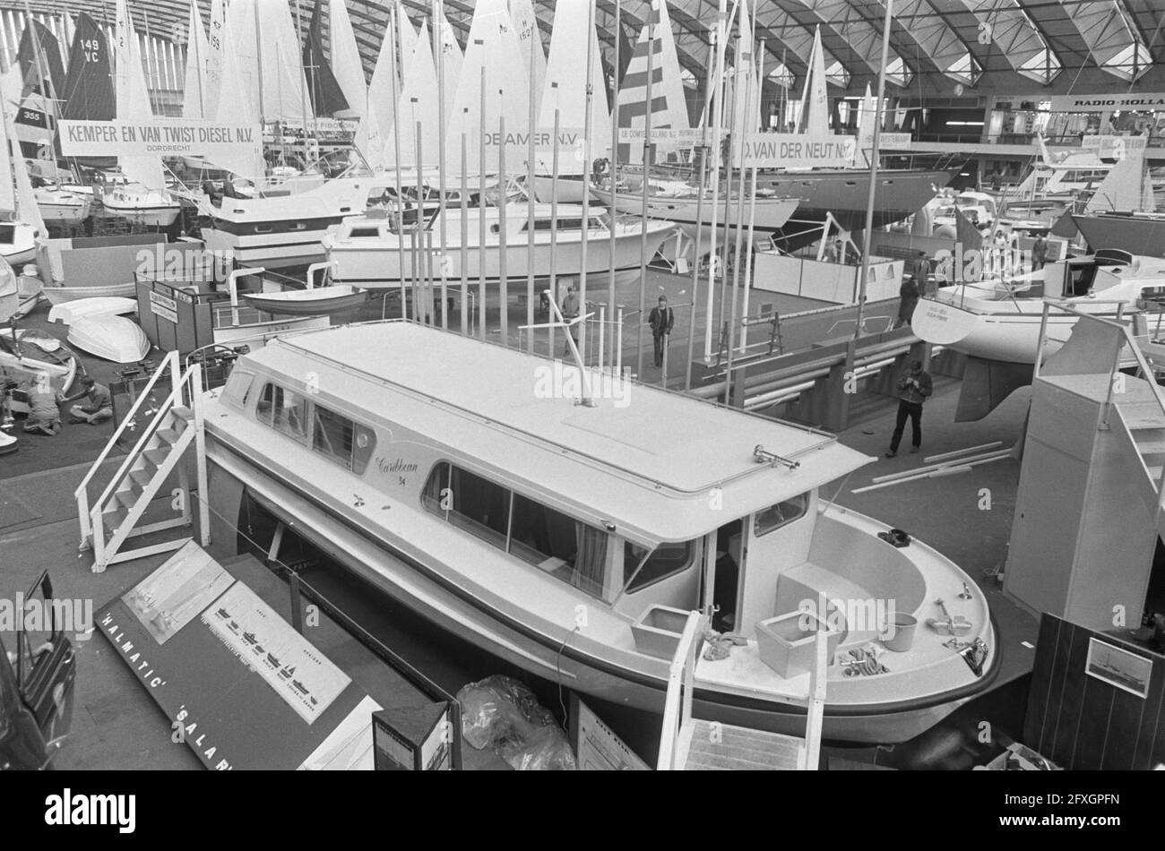 Fifteenth HISWA in RAI Amsterdam. Preparations. Boat with parachute, March 12, 1970, The Netherlands, 20th century press agency photo, news to remember, documentary, historic photography 1945-1990, visual stories, human history of the Twentieth Century, capturing moments in time Stock Photo