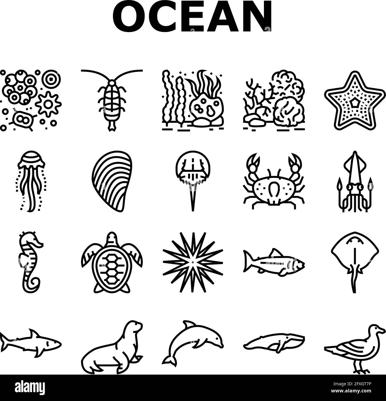 Ocean Underwater Life Collection Icons Set Vector Stock Vector