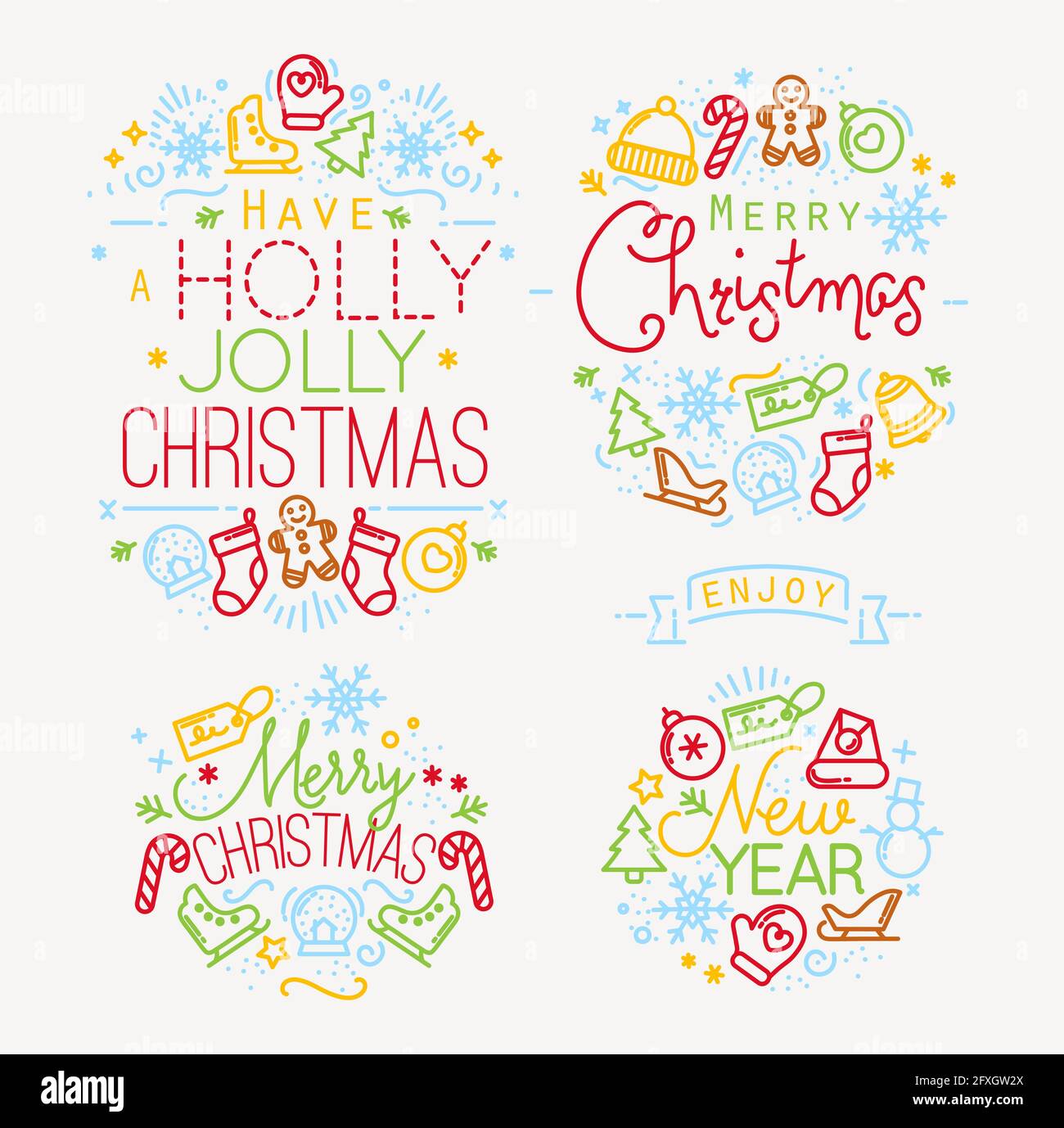 Christmas decorative elements for winter holidays in flat style, drawing by color lines Stock Vector