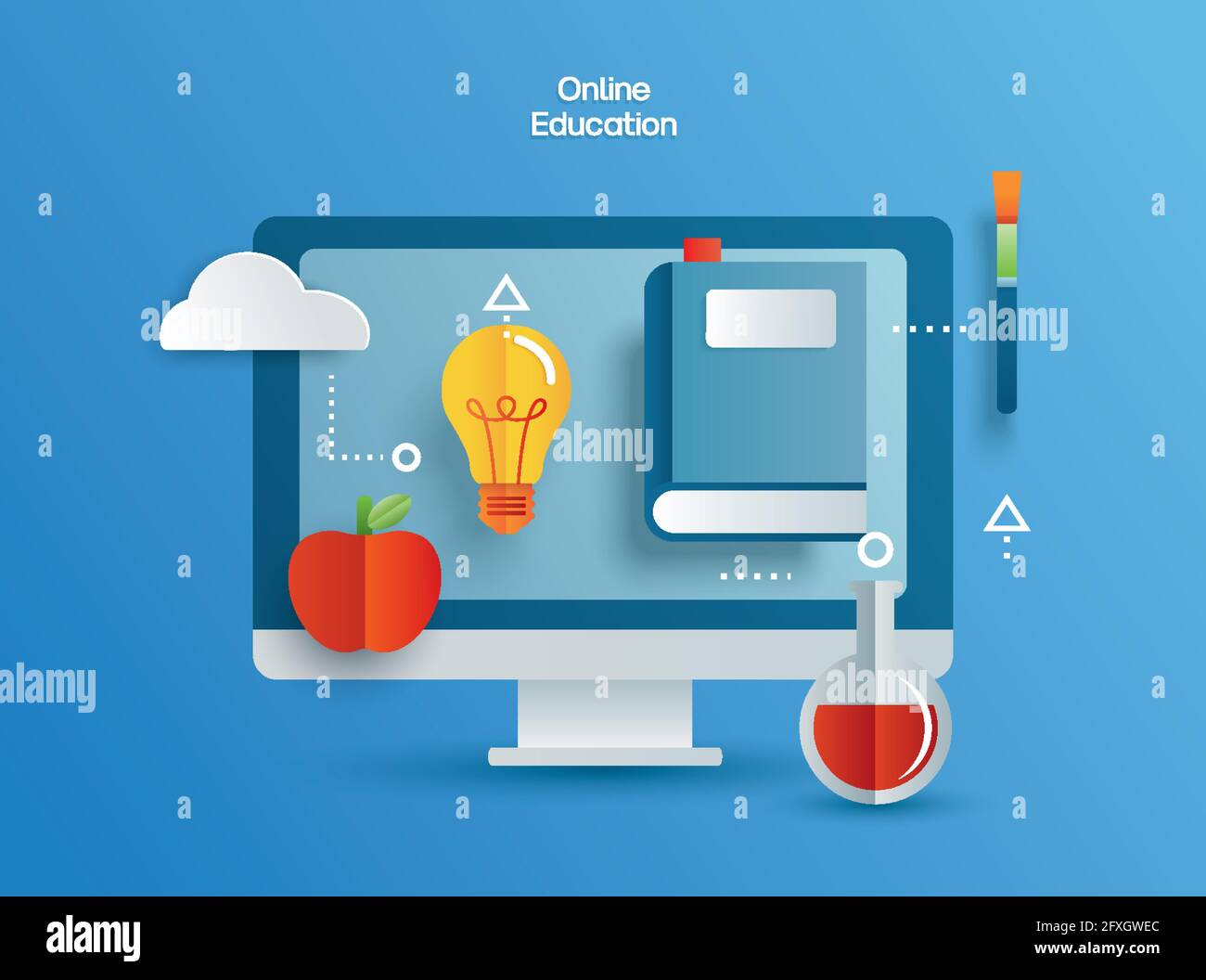 Online education learning on computer. Learning at home with social distancing concept. Stock Vector