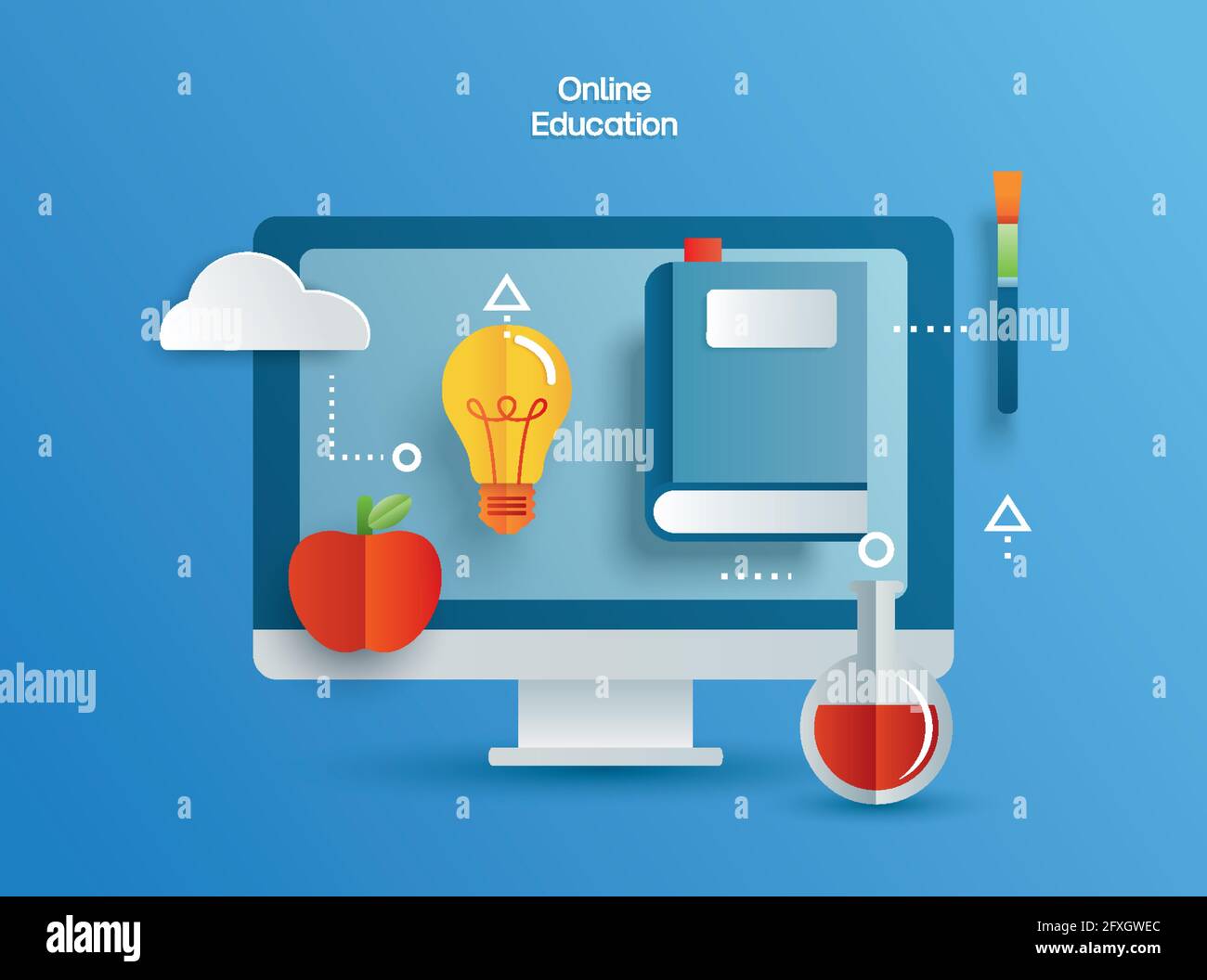Online education learning on computer. Learning at home with social distancing concept. Stock Vector