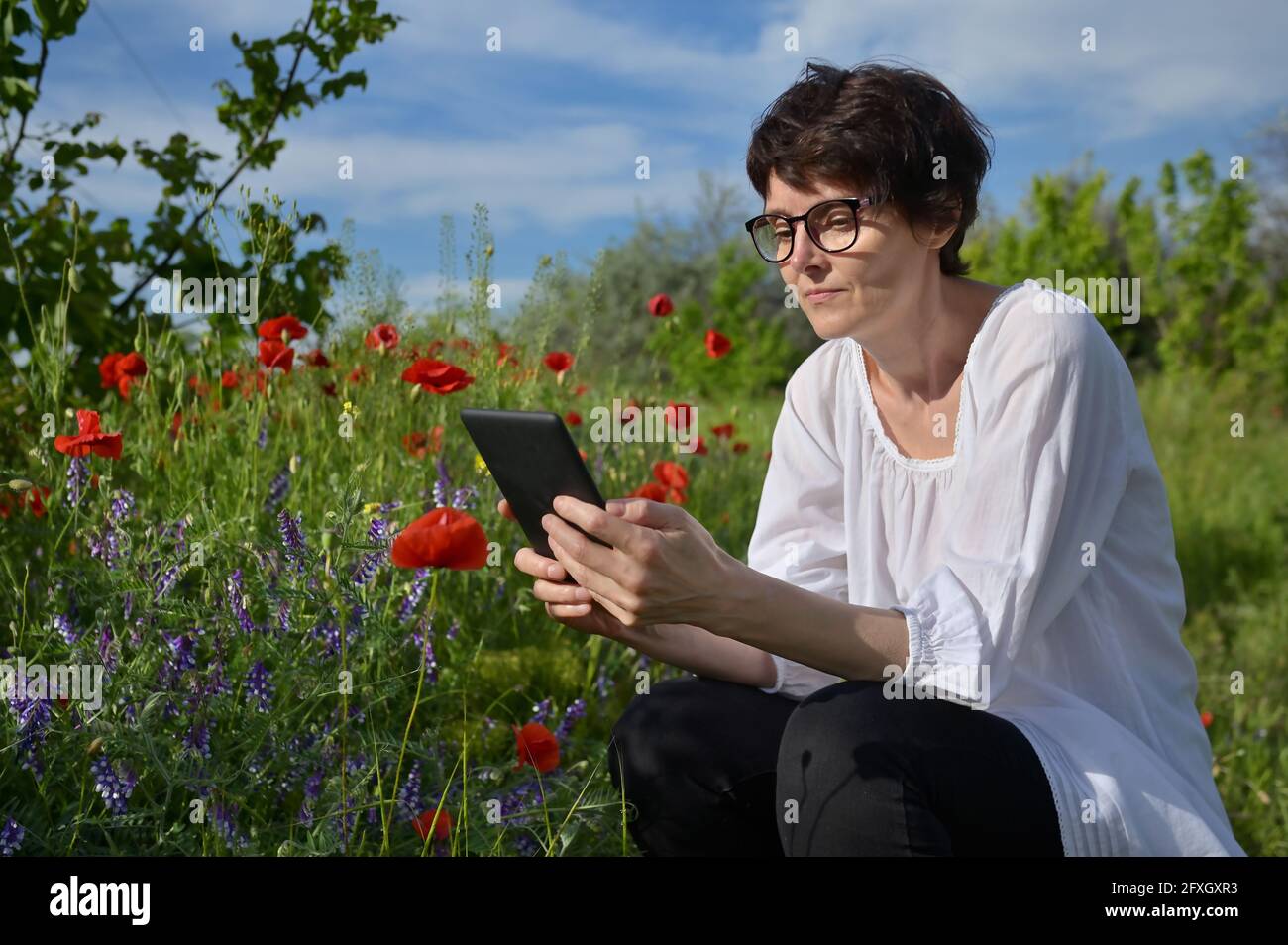 Woman In A Poppy Field Reading and Holding Tablet Book Stock Photo