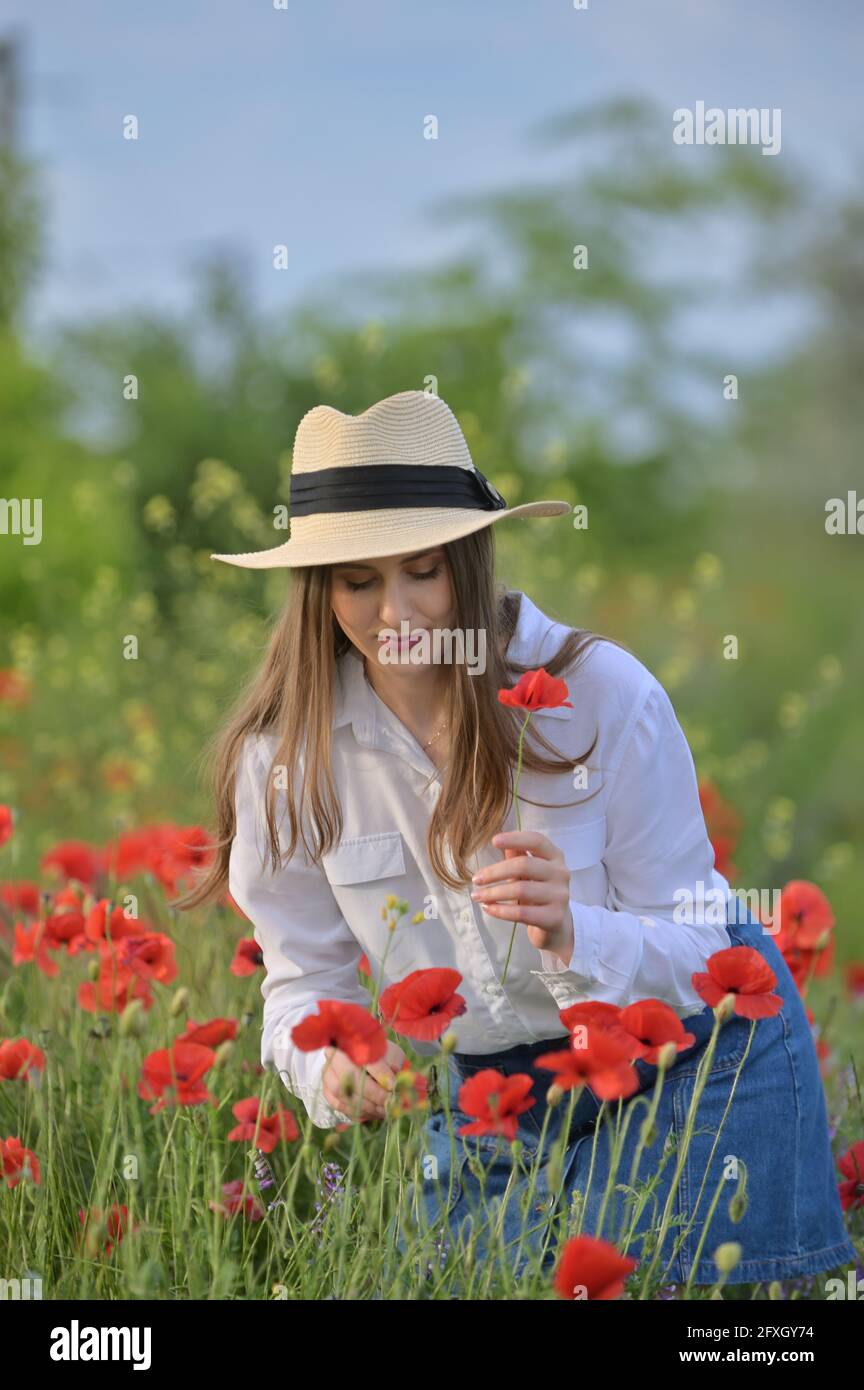 beautiful young girl in the spring poppy field Stock Photo