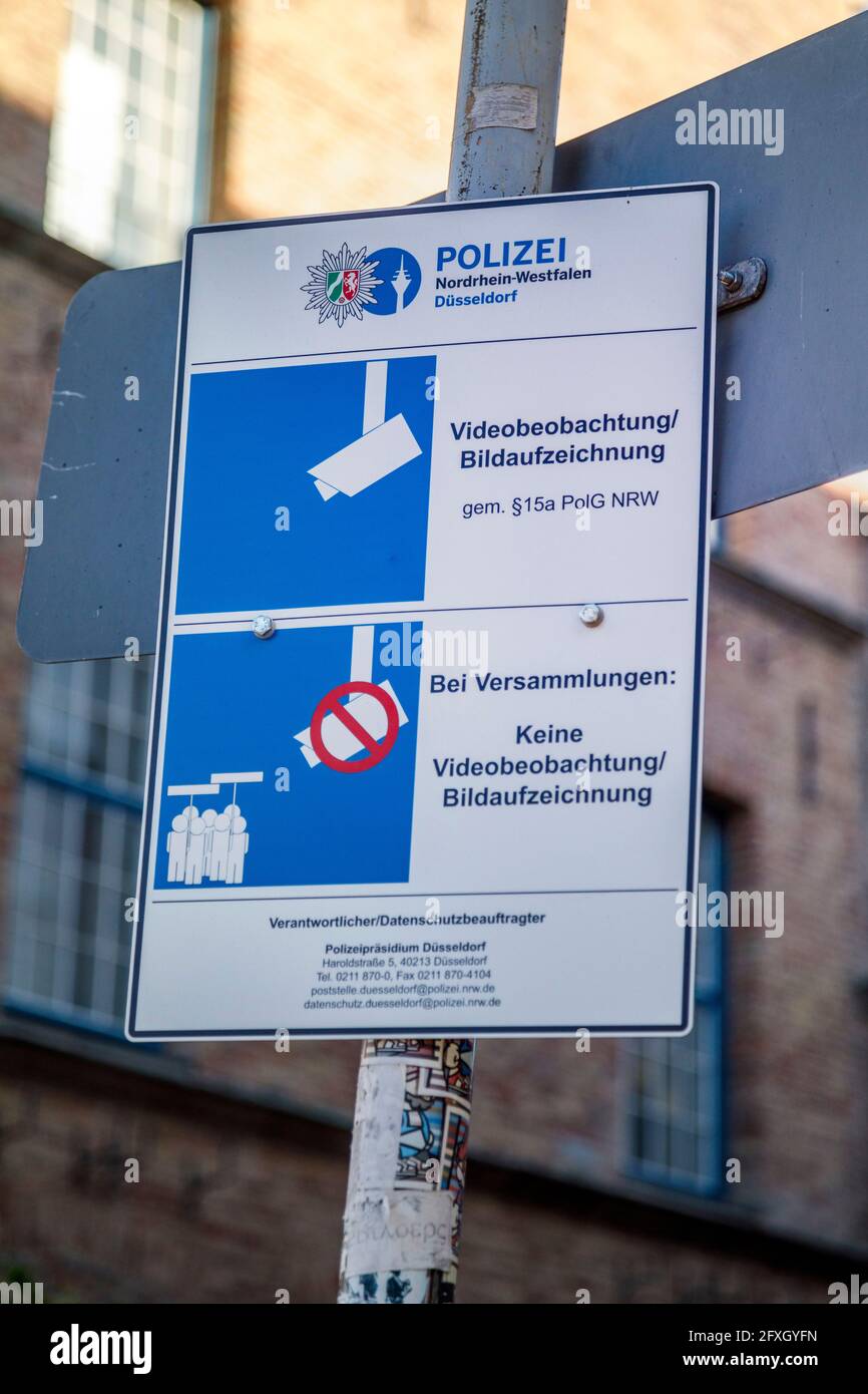 Information sign of the police, video surveillance in old town Stock Photo