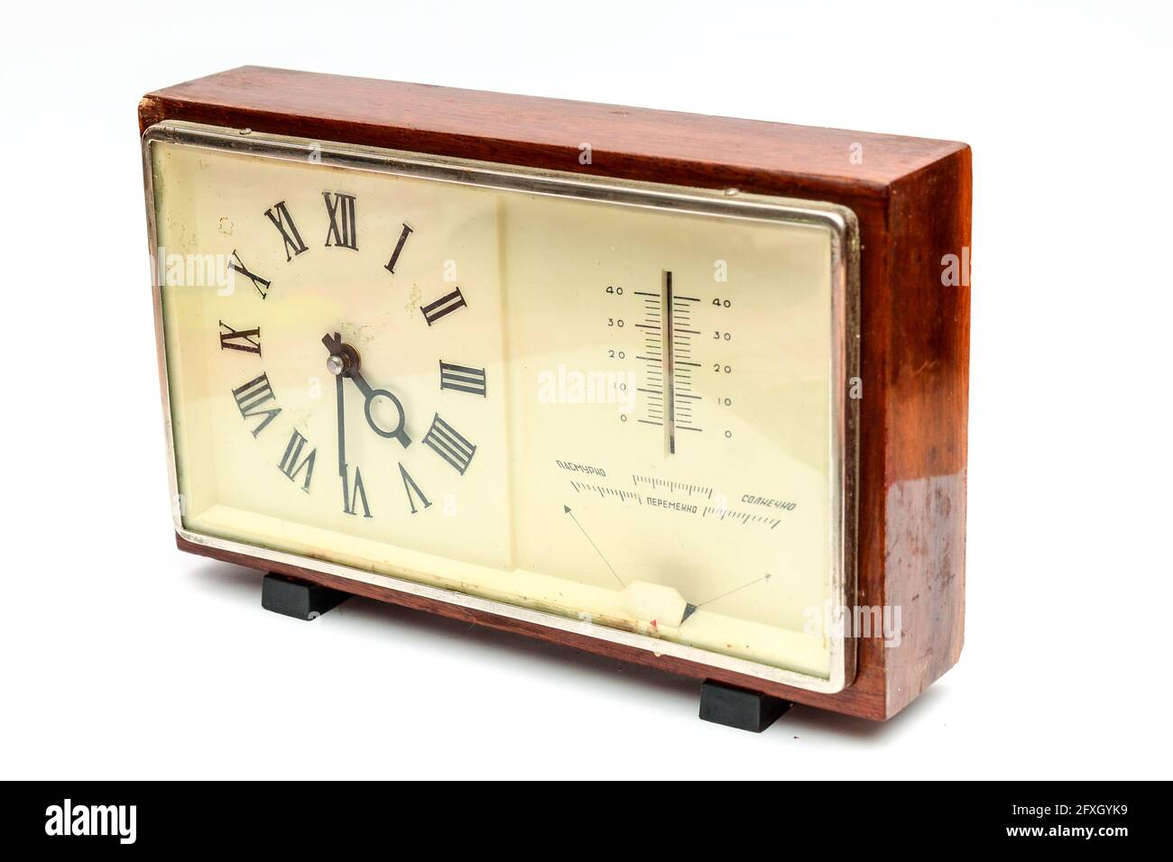 old table clock with thermometer Stock Photo Alamy
