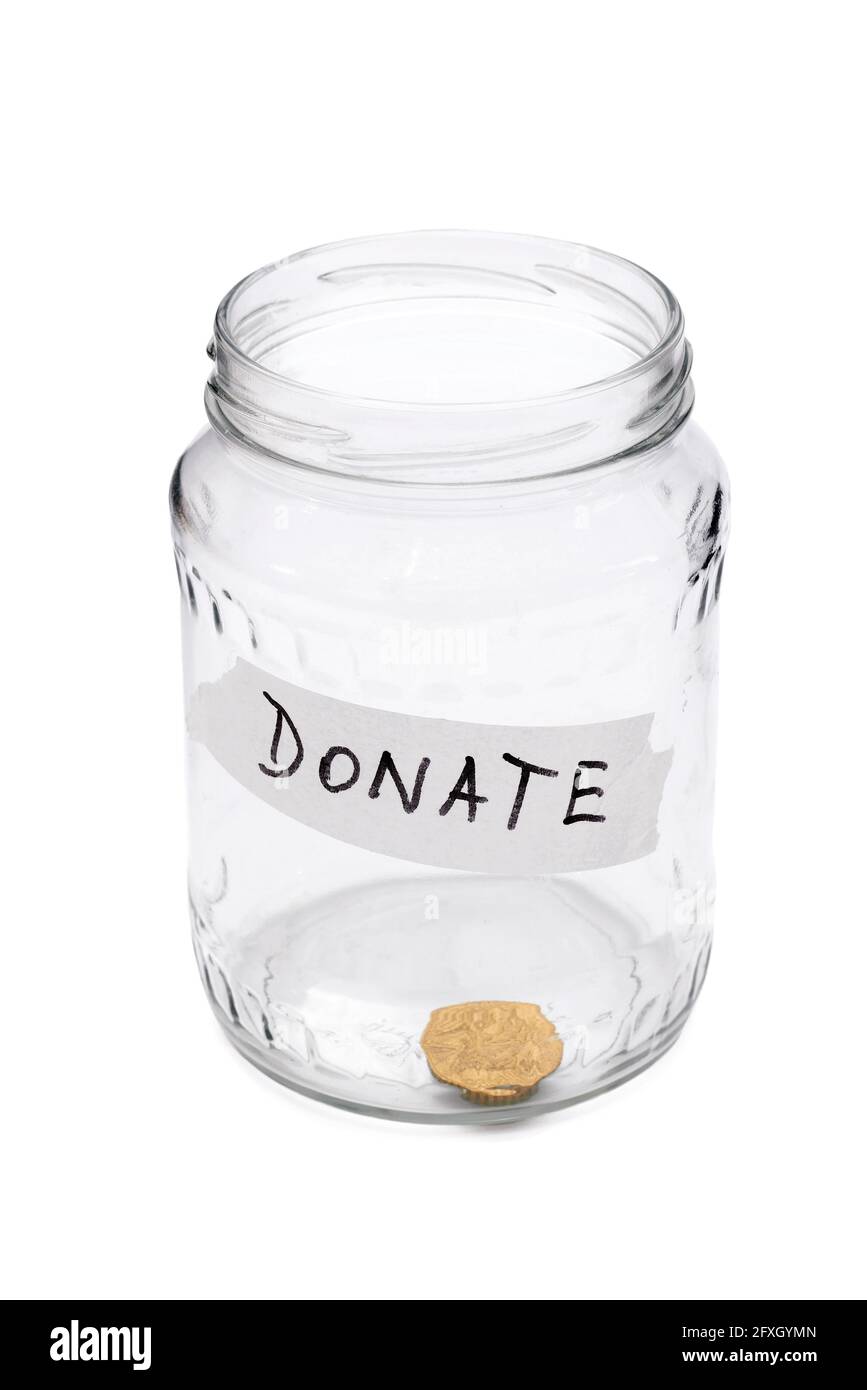 glass jar for donations with one coin inside isolated on white