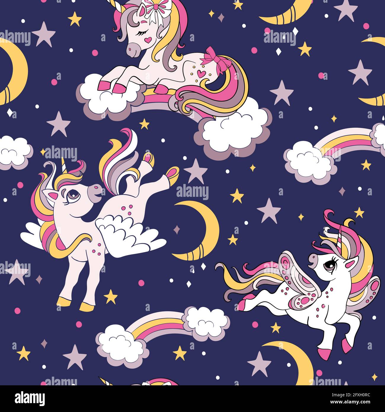 Cute dreaming and flying unicorns with rainbow and clouds. Vector ...