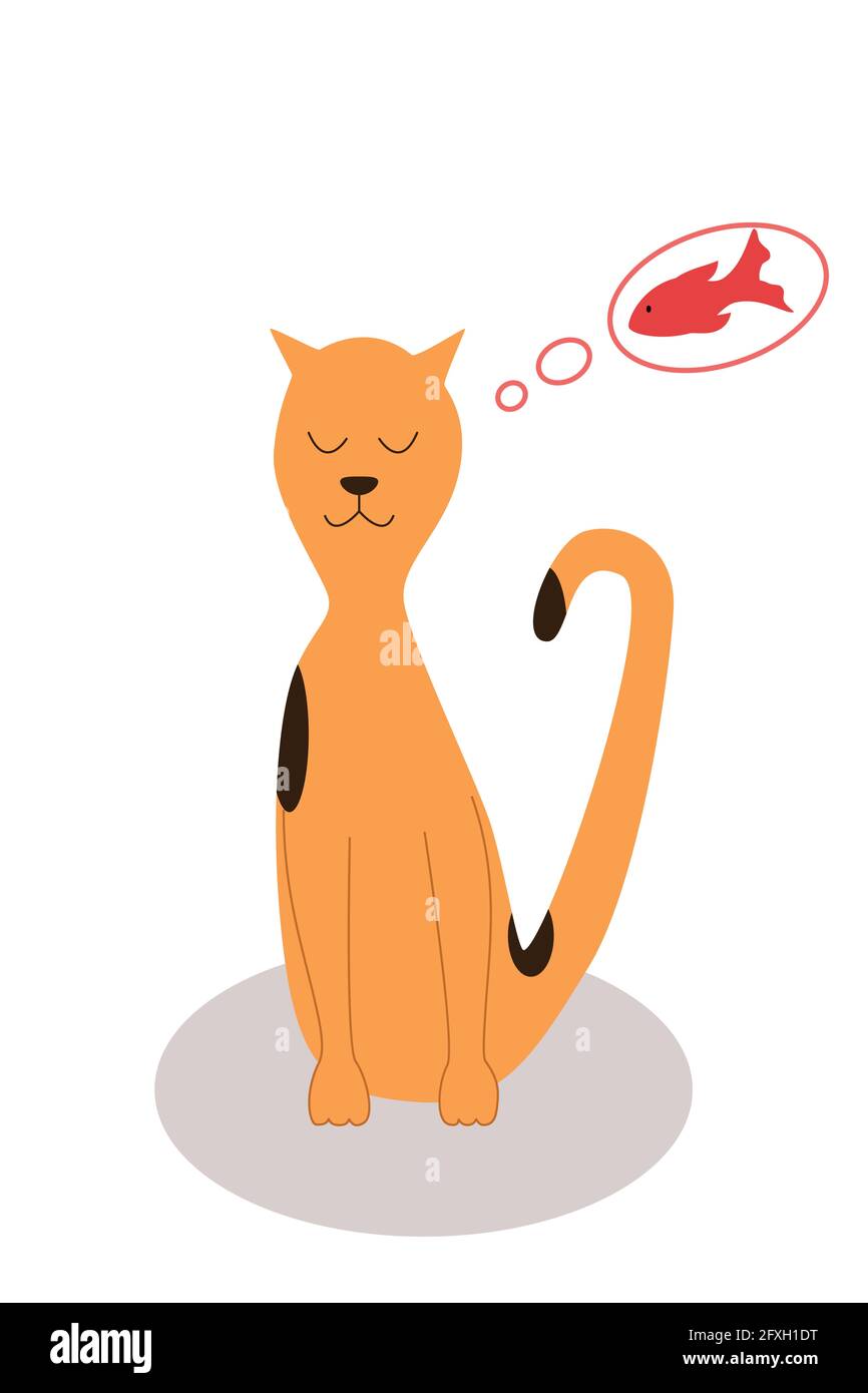 Cute red Cat dreams of fish that he wants to eat, vector illustration of a pet character Stock Photo