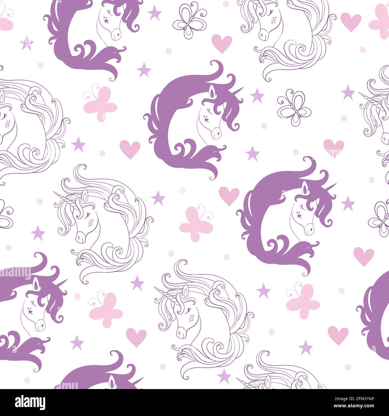 Seamless pattern with contour unicorns heads on white background. Vector illustration for party, print, baby shower, wallpaper, design, decor, childre Stock Vector