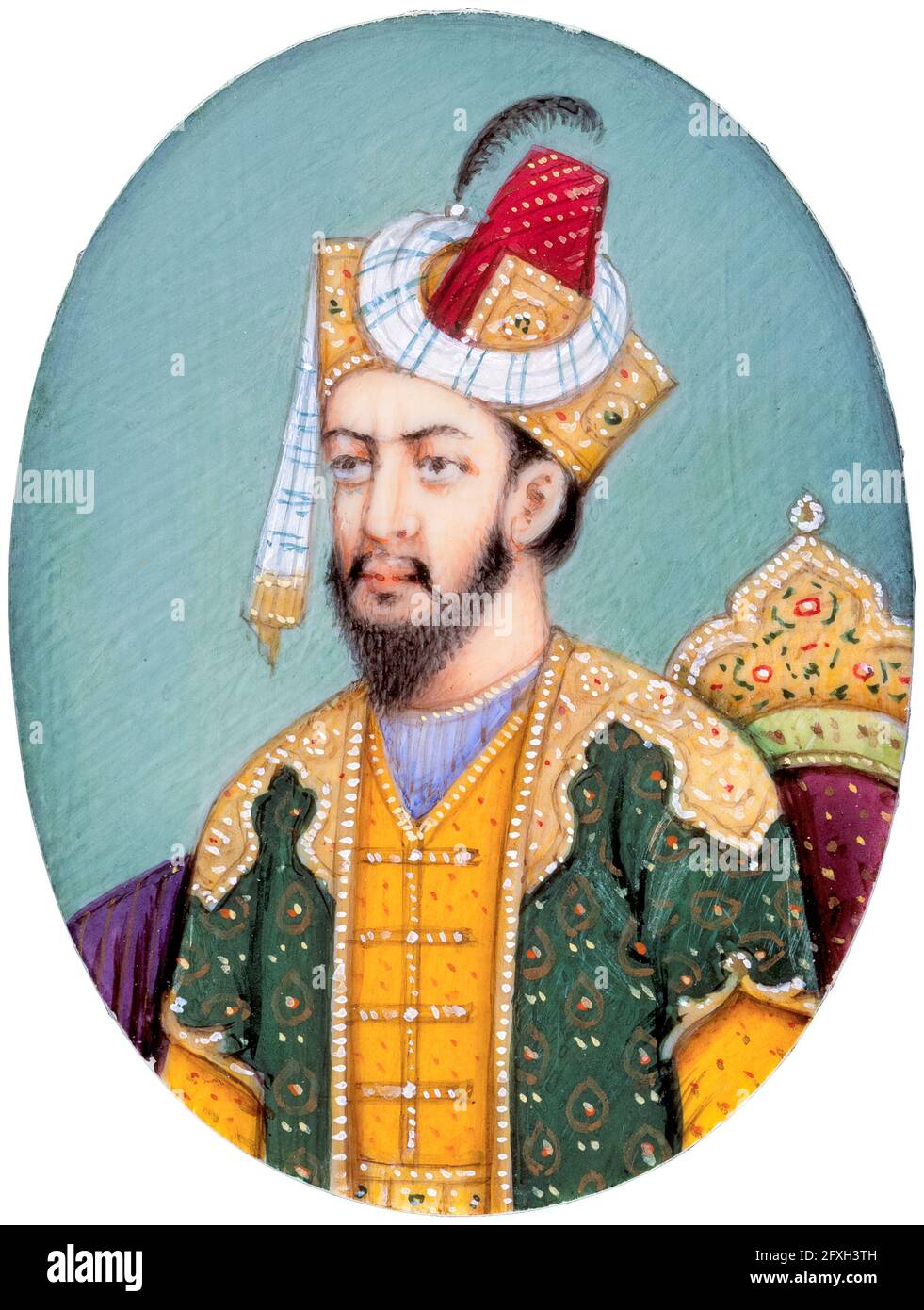 Emperor Humayun (1508-1556), 2nd Mughal Emperor (1530-1540 and 1555-1556), portrait painting by Mughal School, circa 1875 Stock Photo