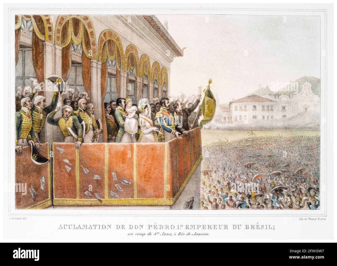 Crowds cheering Dom Pedro I (1798-1834) Emperor of Brazil and his first wife Maria Leopoldina (1797-1826), Empress consort of Brazil at the Santa Anna, camp in Rio de Janeiro, lithographic print by Jean Baptiste Debret, 1834-1839 Stock Photo