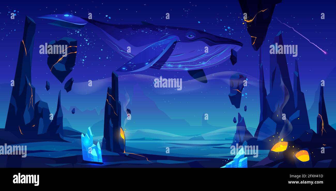 Fantasy World Alien Planet Strange Dream Another Dimension Illusion Cartoon Vector Background Whale Flies In Night Starry Sky Under Desert With Ac Stock Vector Image Art Alamy