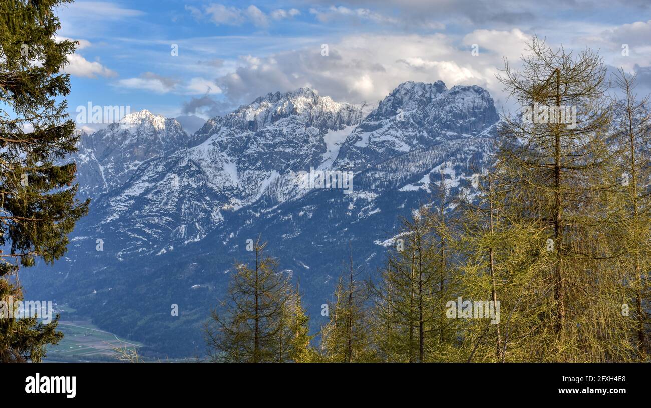 Lienz, Osttirol, Lienzer Talboden, Lienzer Dolomiten, Wald, Lichtung,  Aussicht, Große Sandspitze, Spitzkofel, Hochstein, Rauchkofel, Tal, Berg,  Zentra Stock Photo - Alamy