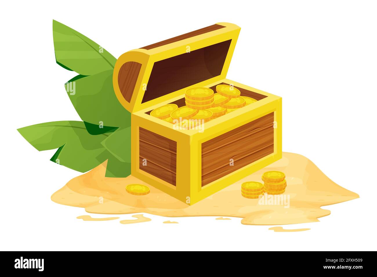 Wooden chest with treasure golden coins on sand decorated with leaves in cartoon style isolated on white background. Open detailed box. . Vector illustration Stock Vector