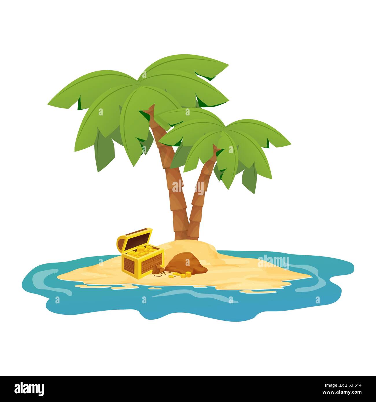 Wooden chest with treasure golden coins on island with palm trees in cartoon style isolated on white background. Open detailed box. . Vector illustration Stock Vector
