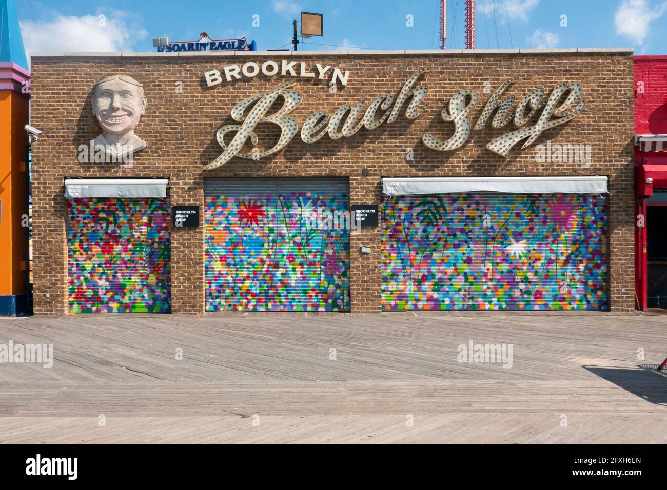 The colorful exterior of the Brooklyn Beach Shop on the Coney Island Boardwalk in New York City. Stock Photo