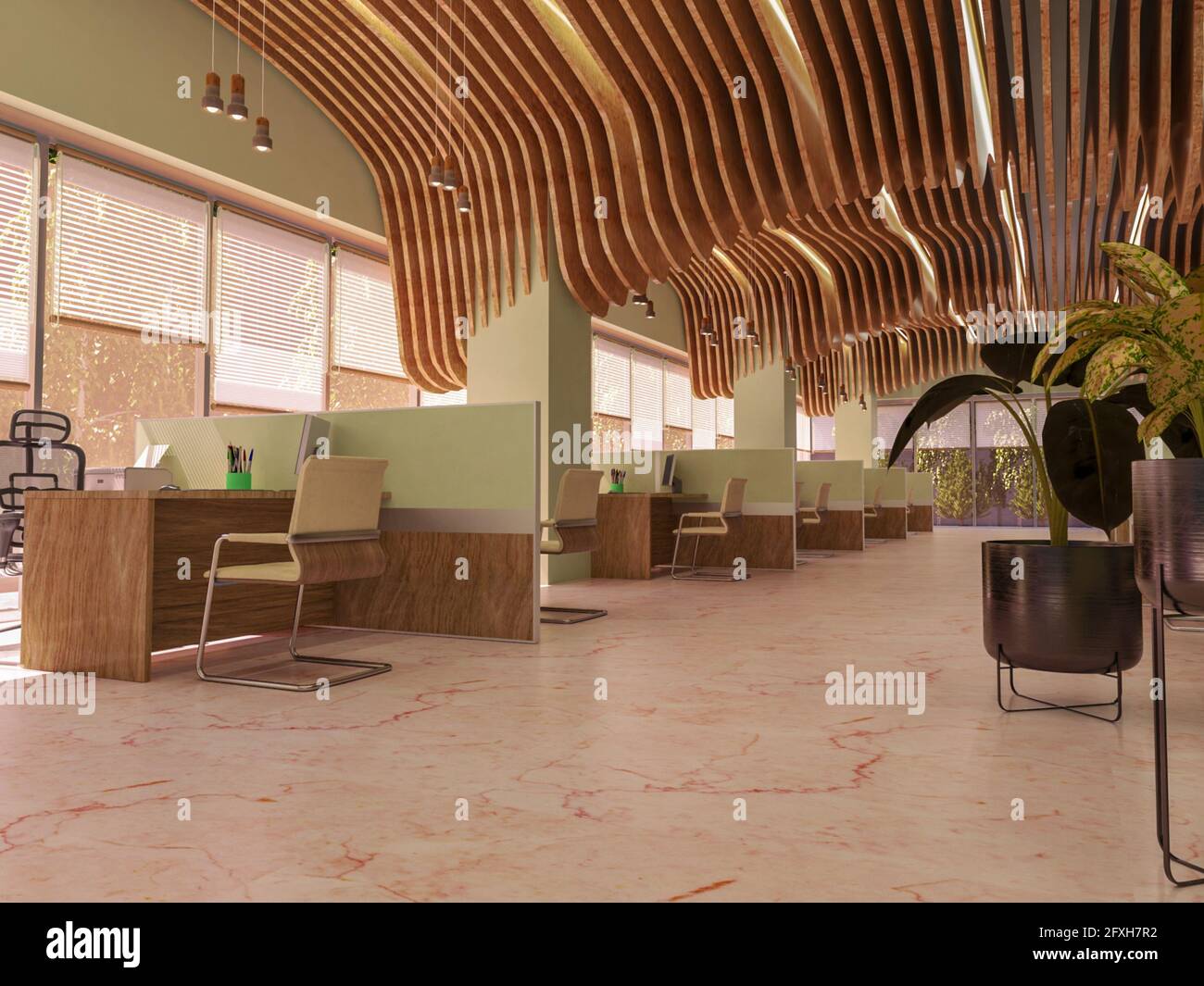 3D rendered contemporary office interior design with beautiful wall paneling. Stock Photo
