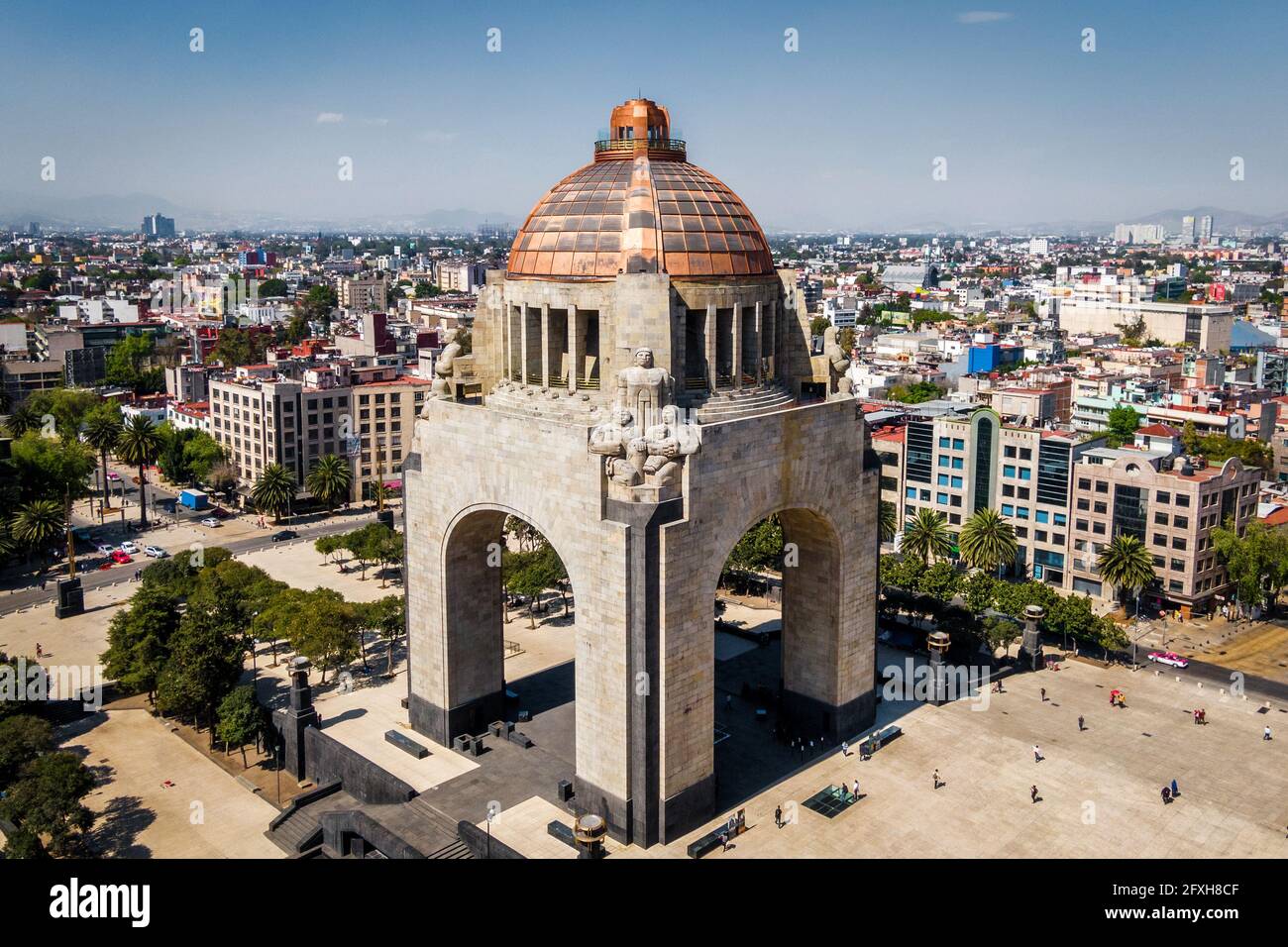 Aerial view of cityscape including architectural landmark Monument to the Revolution located at Republic Square in Mexico City, Mexico. Stock Photo