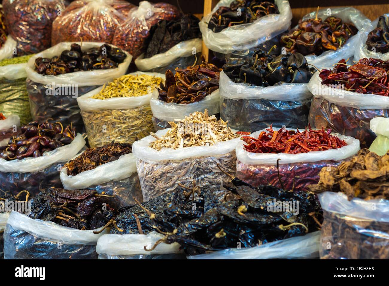 Spices at street market stall in San Miguel de Allende, Guanajuato, Mexico. Stock Photo