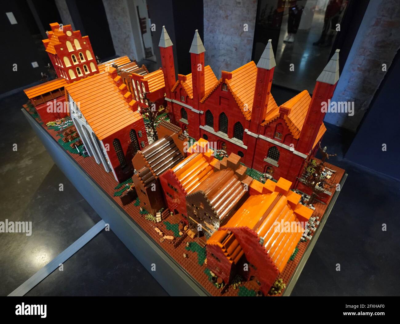 25 May 2021, Schleswig-Holstein, Lübeck: The diorama "The Plague in Lübeck  1367". In the exhibition "Hanseatic Stone Rich - A Lego Journey through  Time", the history of the Hanseatic City of Lübeck