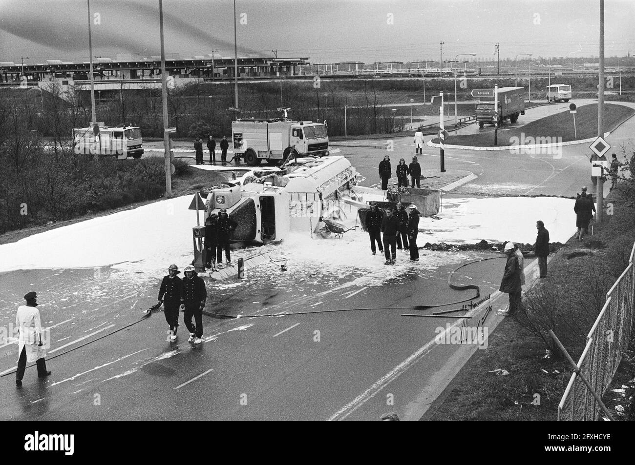 trucks, gasoline, traffic accidents, fire department, April 25, 1979, gasoline, fire department, traffic accidents, trucks, The Netherlands, 20th century press agency photo, news to remember, documentary, historic photography 1945-1990, visual stories, human history of the Twentieth Century, capturing moments in time Stock Photo