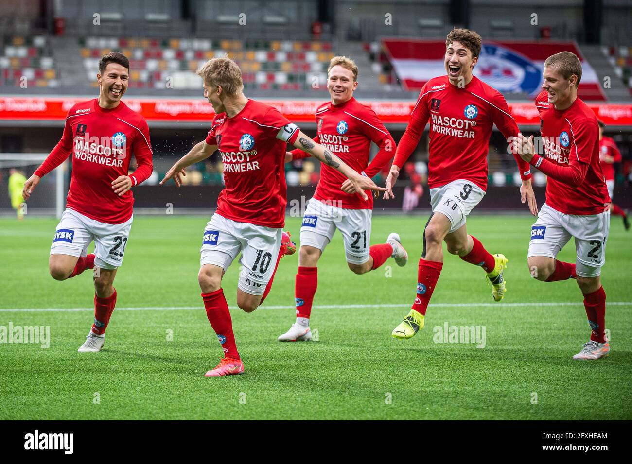 Silkeborg, Denmark. 26th May, 2021. Magnus Mattsson (10) of Silkeborg IF  scores for 1-0 and celebrates with the team mates during the NordicBet Liga  match between Silkeborg IF and FC Fredericia at