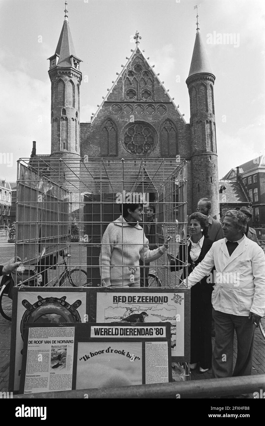 Woman demonstrated at The Hague Binnenhof against bio-industry and nature conservation, among others, woman in a large cage at Binnenhof, October 3, 1980, demonstrations, cages, women, The Netherlands, 20th century press agency photo, news to remember, documentary, historic photography 1945-1990, visual stories, human history of the Twentieth Century, capturing moments in time Stock Photo