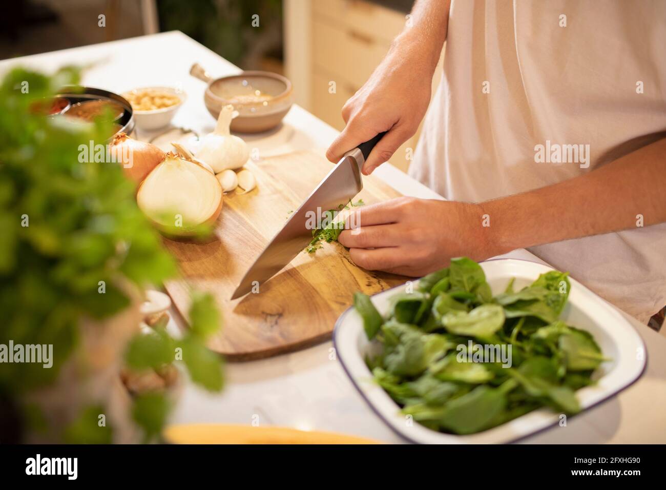Man cooking in kitchen cutting vegetables Stock Photo