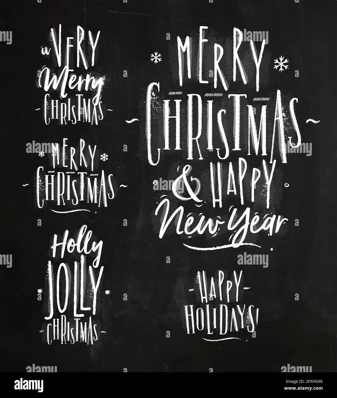 Chrictmas lettering graphic a very merry christmas and happy new year, holly jolly christmas, happy holidays drawing in retro style on chalkboard Stock Vector