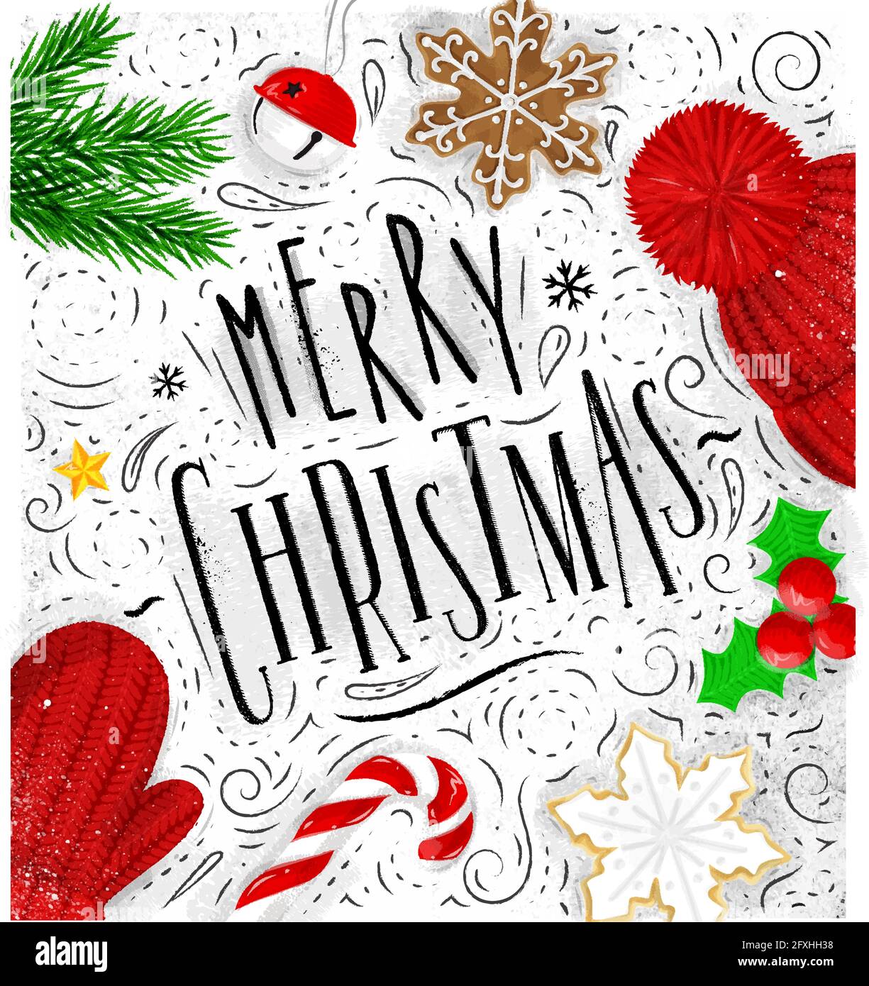 Christmas poster lettering merry christmas drawing in vintage style on dirty paper Stock Vector