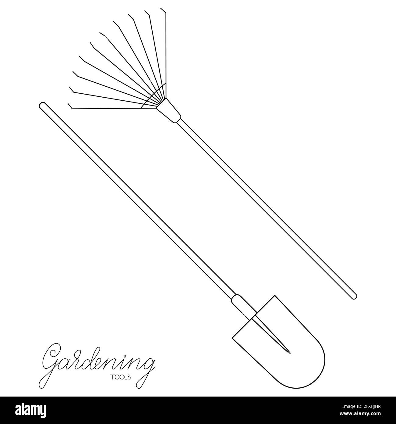 Gardening tools spade and lawn rake outline simple minimalistic flat ...