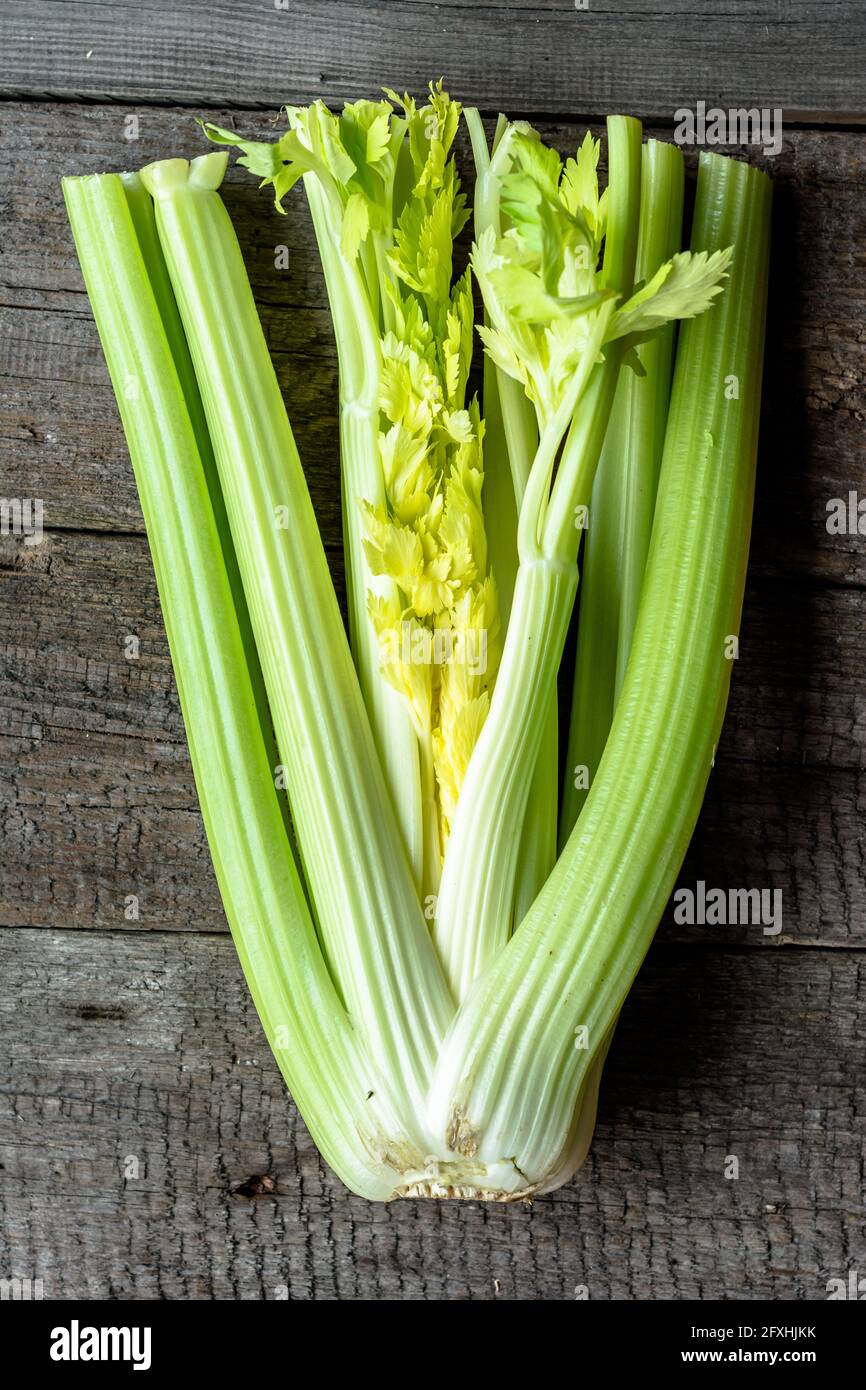 Green vegetables, celery leaves, healthy eating ingredients, overhead