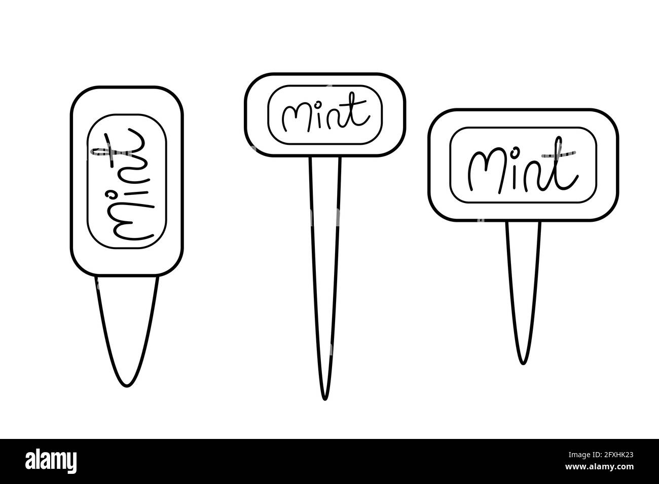 Gardening tools set of garden seed markers for mint outline simple minimalistic flat design vector illustration isolated on white background Stock Vector