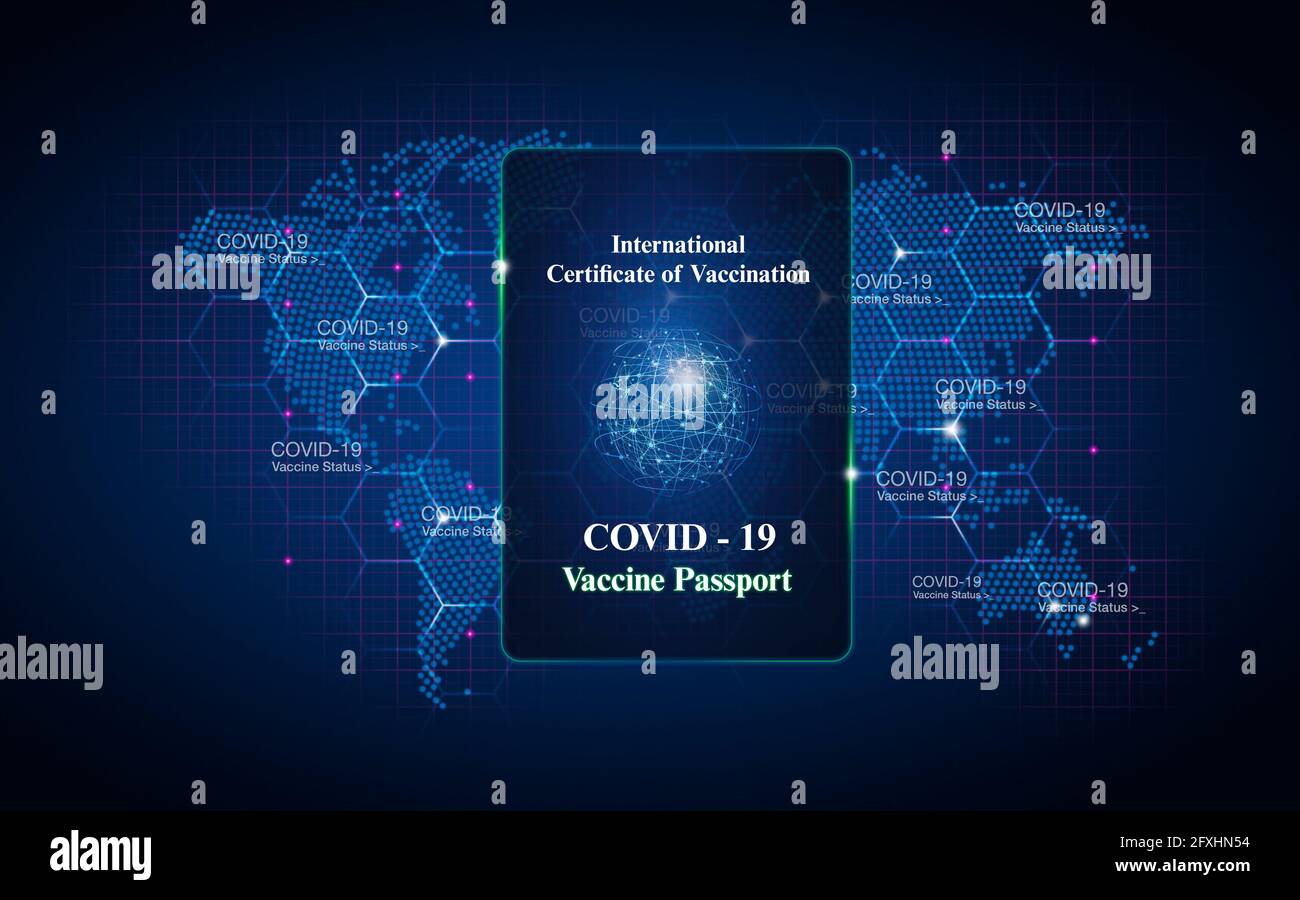 Digitally generated image Covid passport over blue map Stock Photo