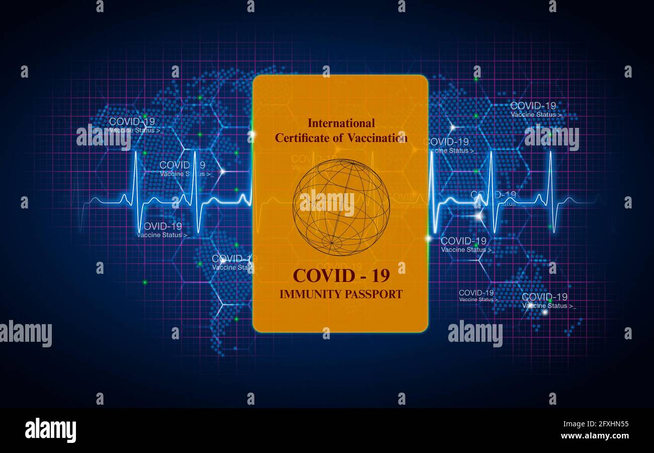 Covid immunity passport over map and pulse trace Stock Photo