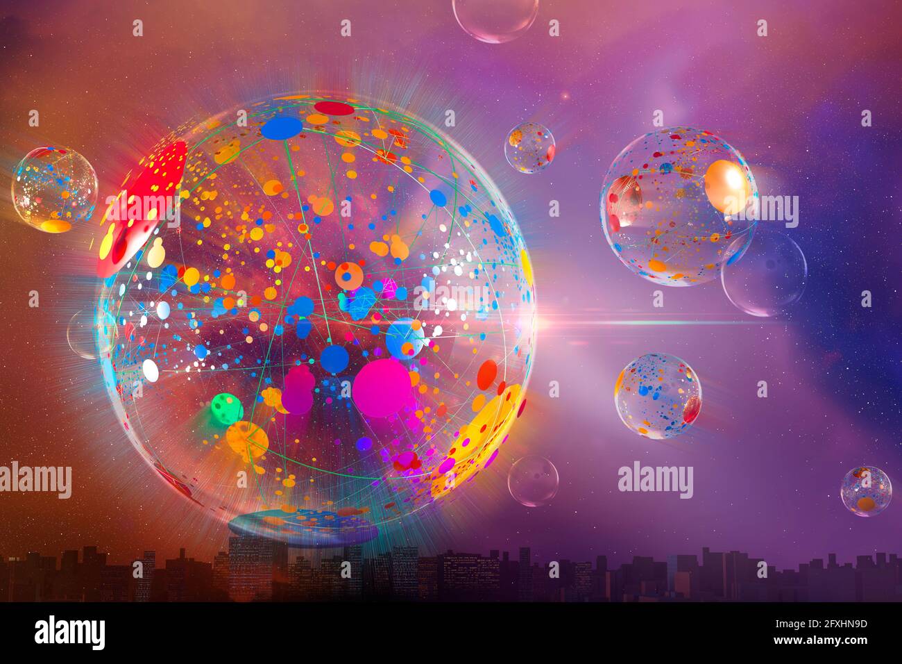 Digitally generated image abstract multicolor bubble over cityscape Stock Photo