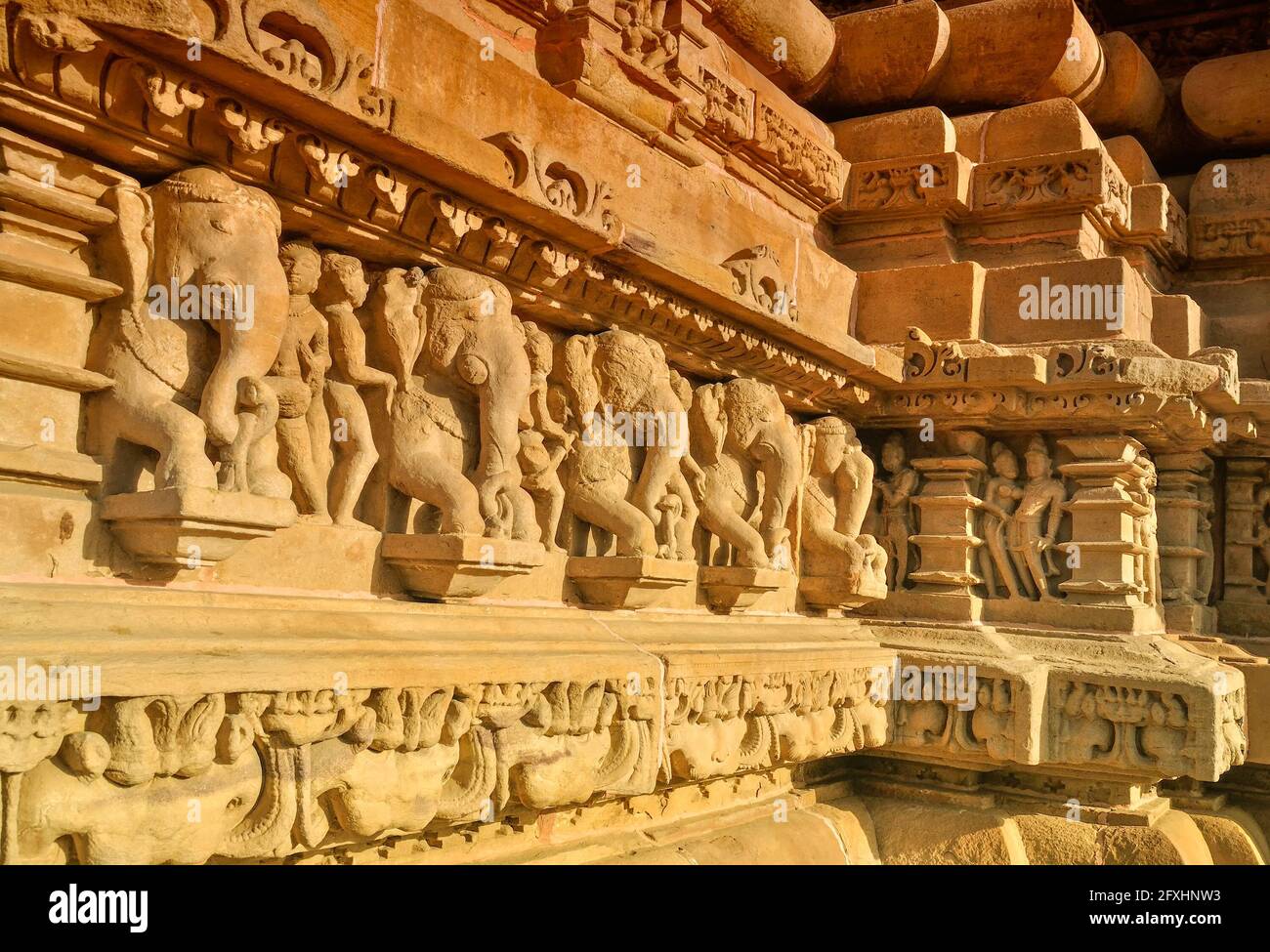 Elephant sculptures at Vishvanatha Temple, Khajuraho, Madhya Pradesh, India -UNESCO site. Stock Photo