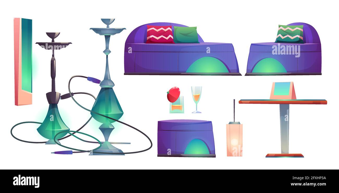 Shisha Hookah Bar Set Cafe For Smoking Stuff Isolated On White Background Chillums Table Drinks Comfortable Couches Lamps Lounge In Arabic Or T Stock Vector Image Art Alamy