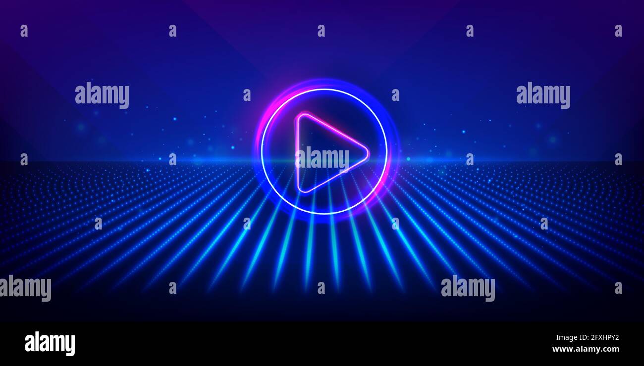 Play button on abstract purple and blue background. Multimedia, audio, video, cinema, music abstract background with neon glowing triangle Play Icon Stock Vector