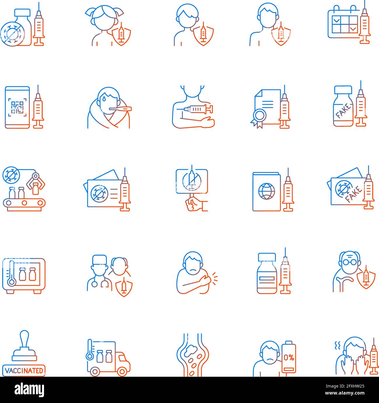 Vaccination and covid passport gradient linear vector icons set Stock Vector