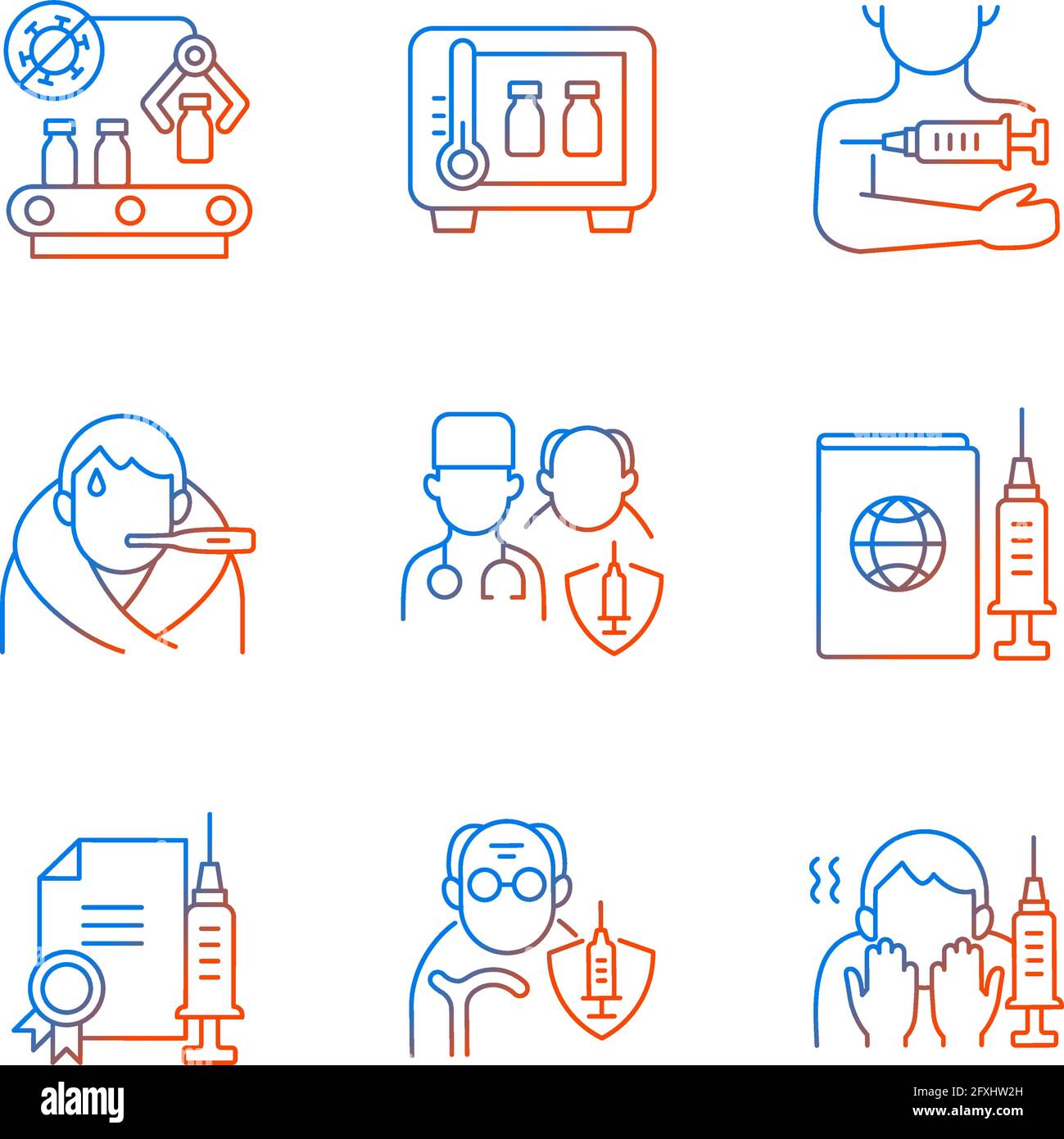 Covid vaccination gradient linear vector icons set Stock Vector