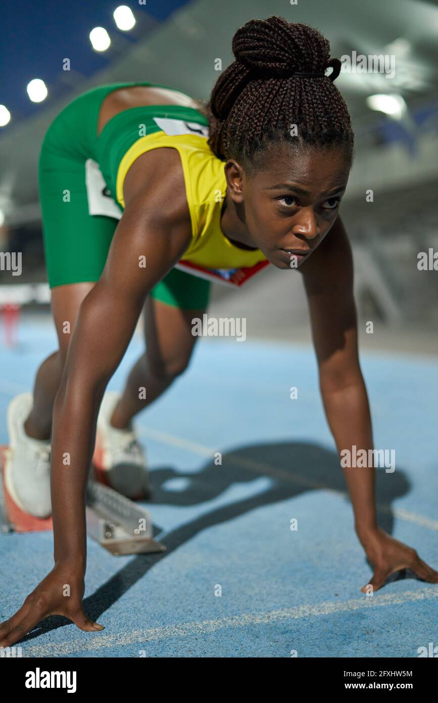 Female track and field athletes running on sunny track Stock Photo - Alamy