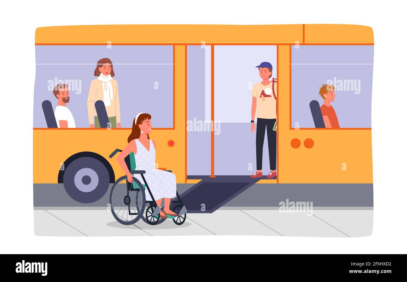 Disabled girl in wheelchair at bus stop, bus with ramp for people with special needs Stock Vector